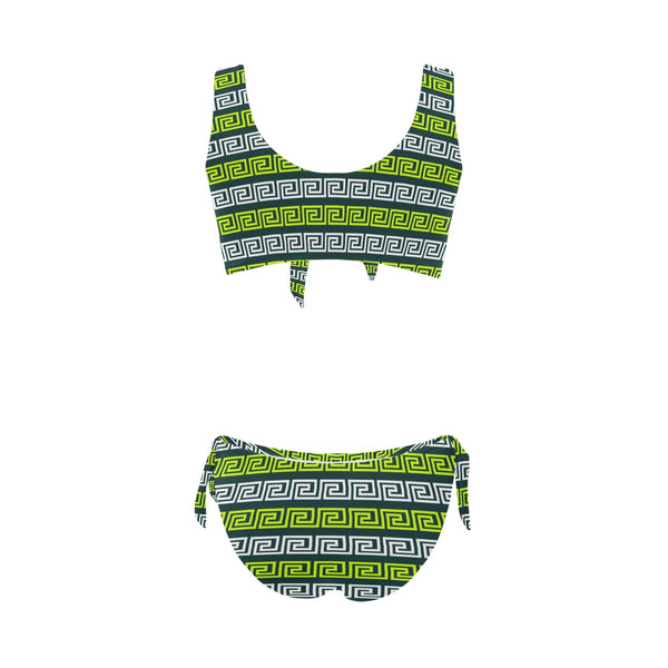 neon green greek print 3 Bow Tie Front Bikini Swimsuit (Model S38) - Objet D'Art