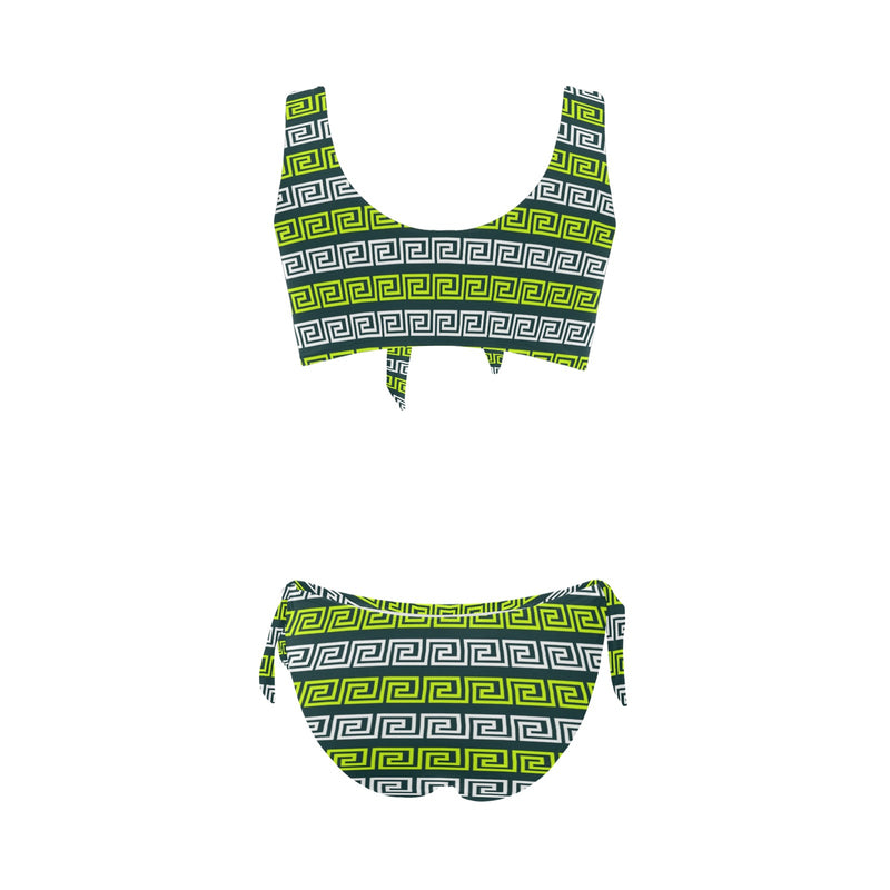 neon green greek print 3 Bow Tie Front Bikini Swimsuit (Model S38) - Objet D'Art