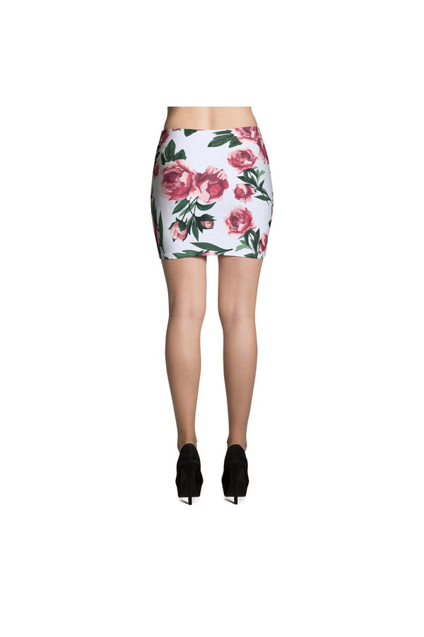 PInk Rose on Micro Blue Stripes Mini Skirt - Objet D'Art