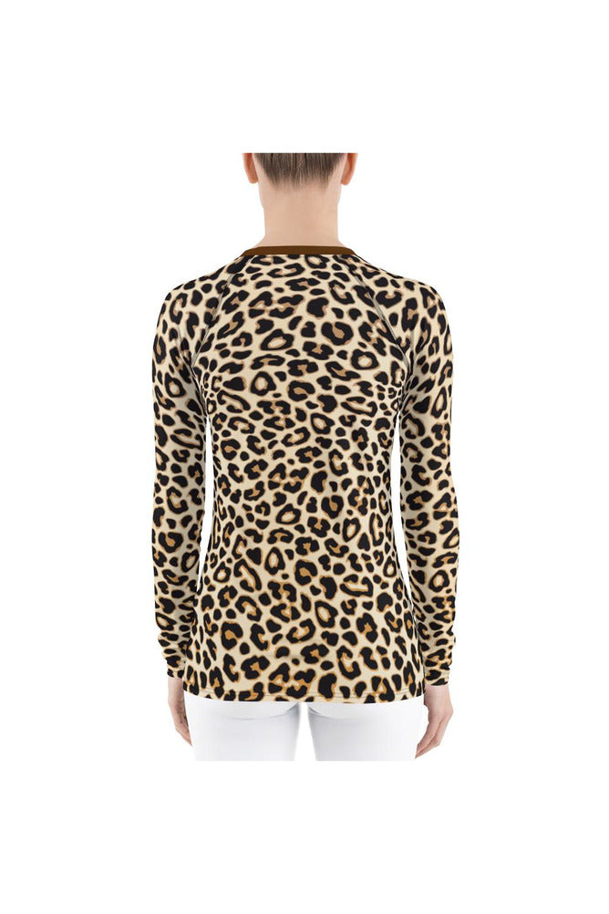 Leopard Print Dark Brown Collar Women's Rash Guard - Objet D'Art