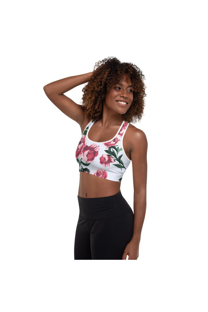 Pink Roses on Micro Blue Stripes Padded Sports Bra - Objet D'Art