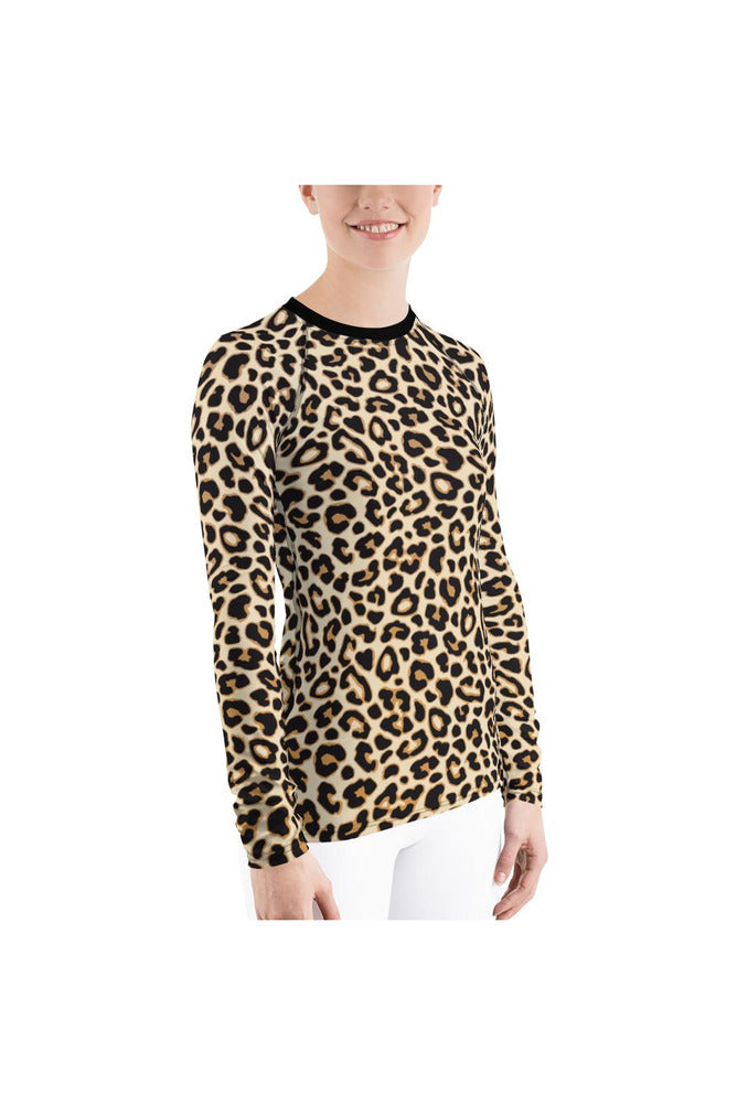 Leopard Print Black Collar Women's Rash Guard - Objet D'Art