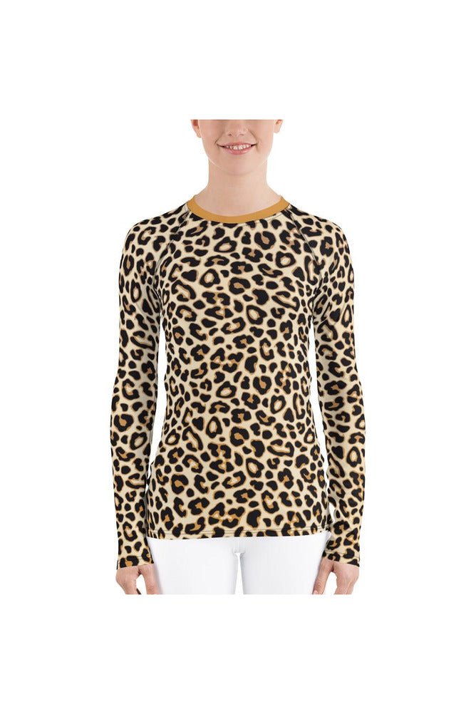 Leopard Print Brown Collar Women's Rash Guard - Objet D'Art