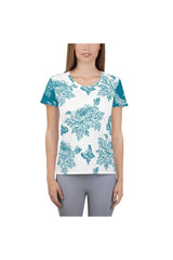 Two-Tone Chrysanthemum & Butterfly Print Women's Athletic T-shirt - Objet D'Art