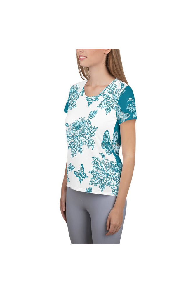 Two-Tone Chrysanthemum & Butterfly Print Women's Athletic T-shirt - Objet D'Art