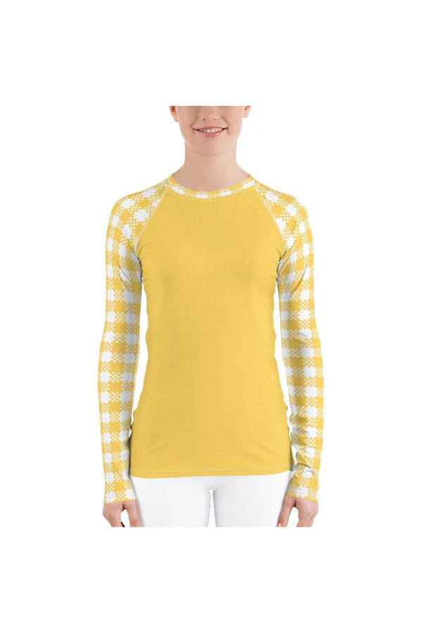 Yellow Gingham Women's Rash Guard - Objet D'Art