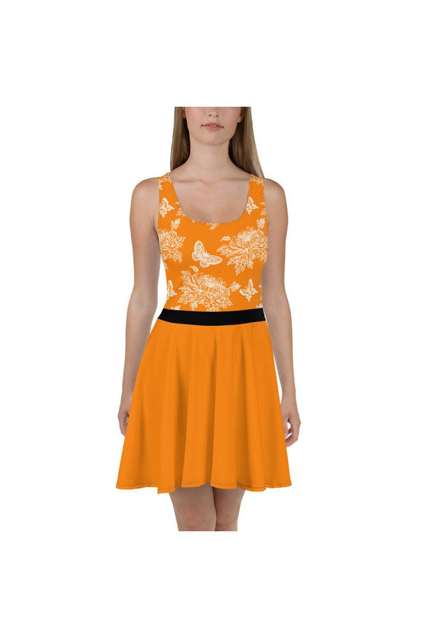 Chrysanthemum & Butterflies on Turmeric/Black waistline Skater Dress - Objet D'Art