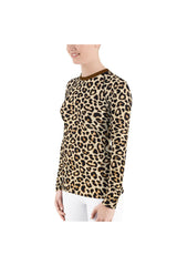 Leopard Print Dark Brown Collar Women's Rash Guard - Objet D'Art