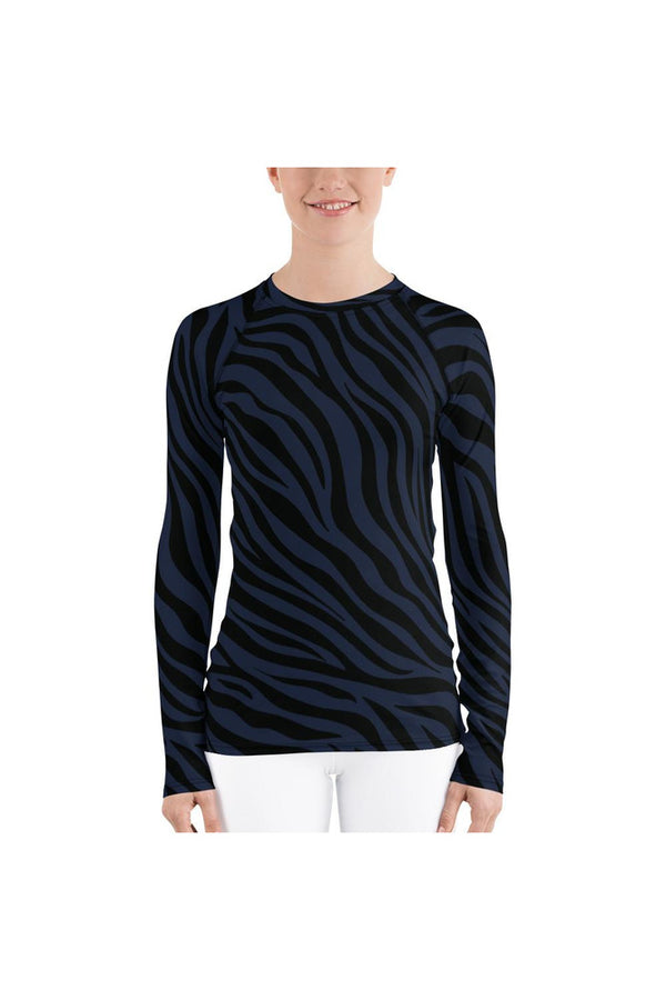 Blue Striped Tiger Print Women's Rash Guard - Objet D'Art