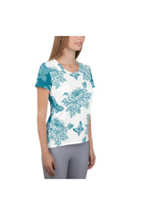 Two-Tone Chrysanthemum & Butterfly Print Women's Athletic T-shirt - Objet D'Art