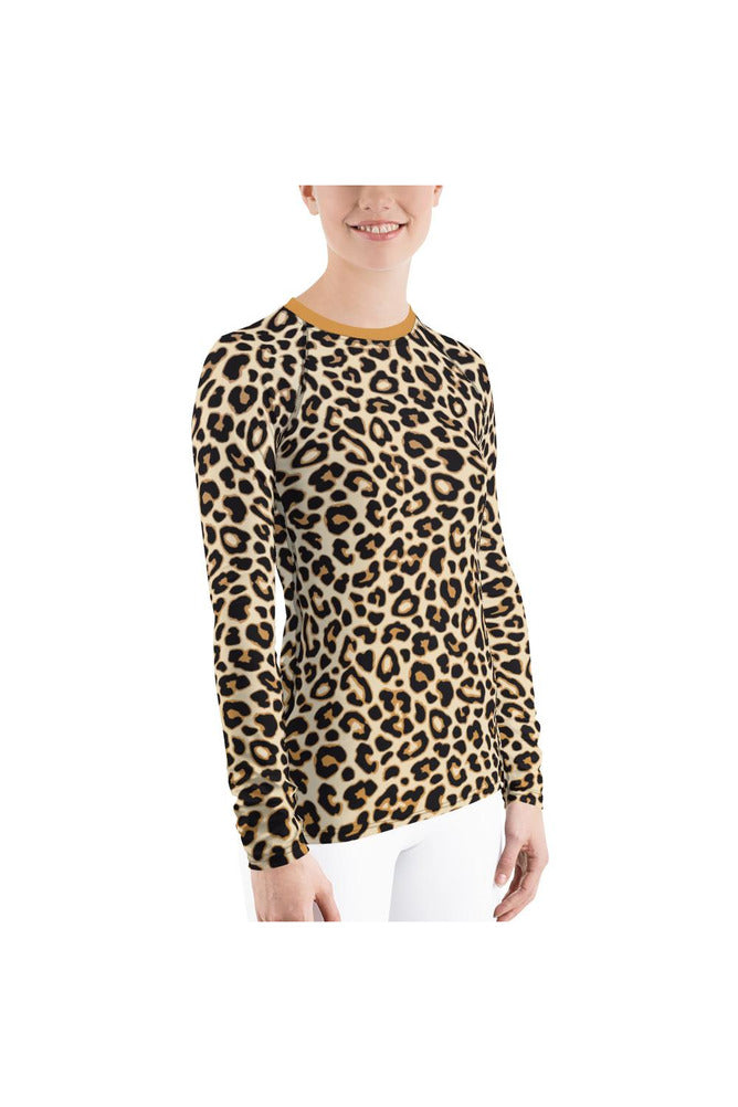 Leopard Print Brown Collar Women's Rash Guard - Objet D'Art