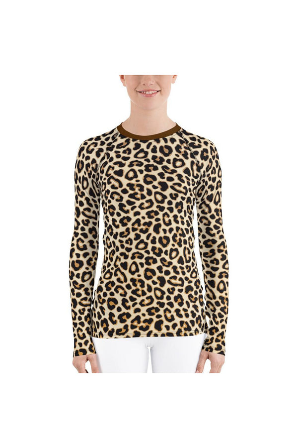 Leopard Print Dark Brown Collar Women's Rash Guard - Objet D'Art