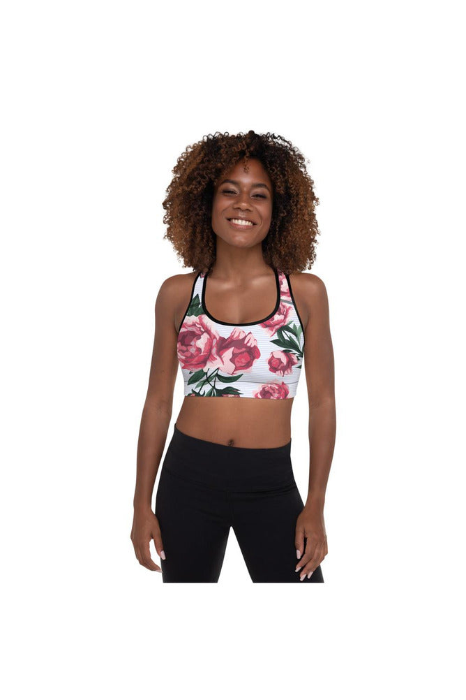 Pink Roses on Micro Blue Stripes Padded Sports Bra - Objet D'Art