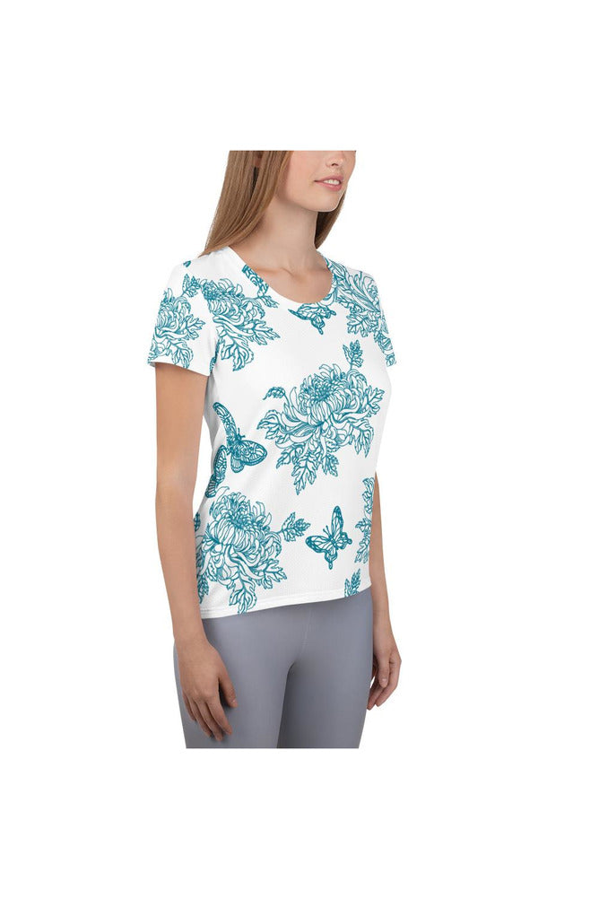 Mosaic Blue Chrysanthemum on White Women's Athletic T-shirt - Objet D'Art