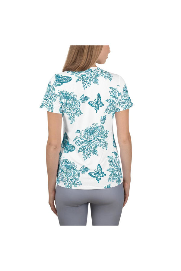 Mosaic Blue Chrysanthemum on White Women's Athletic T-shirt - Objet D'Art