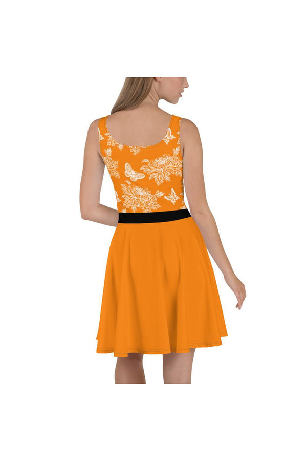 Chrysanthemum & Butterflies on Turmeric/Black waistline Skater Dress - Objet D'Art