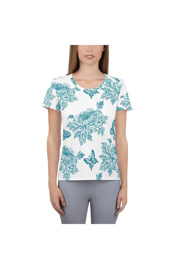 Mosaic Blue Chrysanthemum on White Women's Athletic T-shirt - Objet D'Art