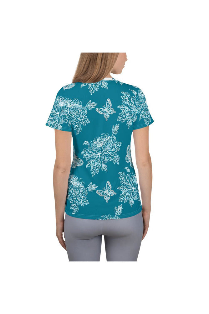 Two-Tone Chrysanthemum & Butterfly Print Women's Athletic T-shirt - Objet D'Art