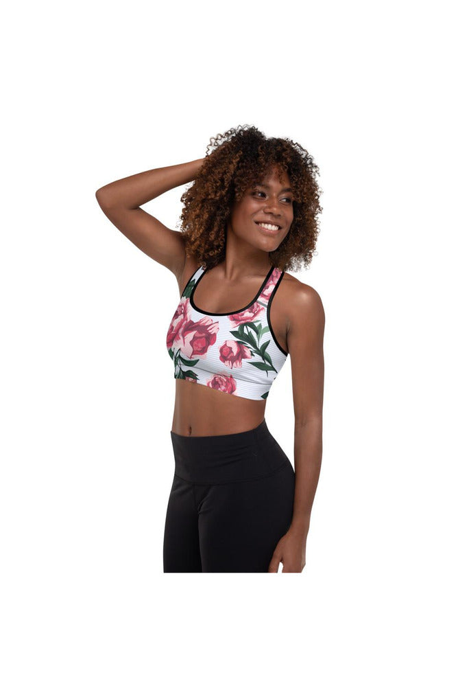 Pink Roses on Micro Blue Stripes Padded Sports Bra - Objet D'Art