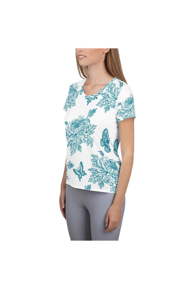 Mosaic Blue Chrysanthemum on White Women's Athletic T-shirt - Objet D'Art