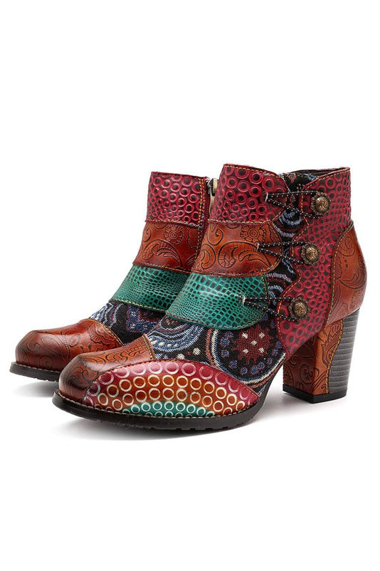 Genuine Leather Retro Block High Heel Ankle Boots For Women - Objet D'Art