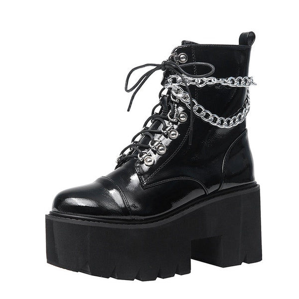 Patent Leather Gothic Chunky Heel Platform Boots - Objet D'Art