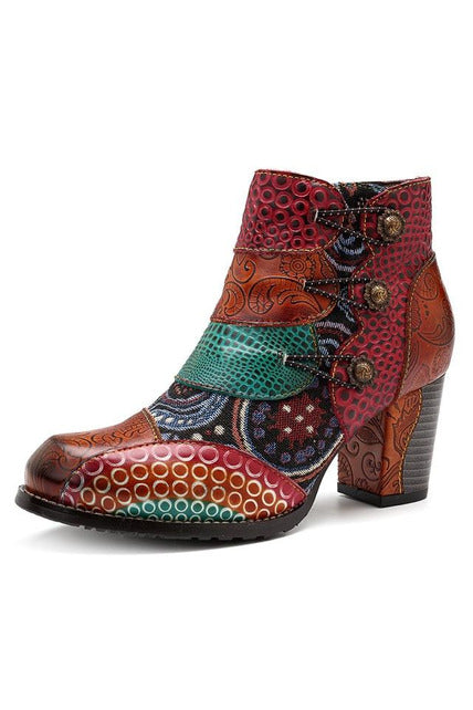 Genuine Leather Retro Block High Heel Ankle Boots For Women - Objet D'Art