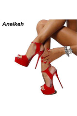 Aneikeh Hot Sales 2021 Summer Style Sexy 16cm Women Sandals High Heels Open Toe Buckles Nightclub Party Shoe Black Big Size 15 - Objet D'Art
