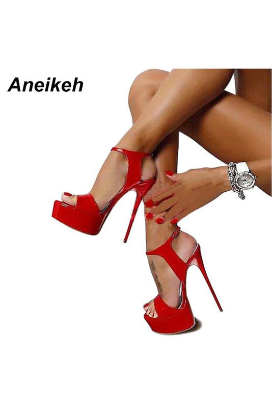 Aneikeh Hot Sales 2021 Summer Style Sexy 16cm Women Sandals High Heels Open Toe Buckles Nightclub Party Shoe Black Big Size 15 - Objet D'Art