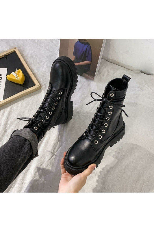 Round Toe Lace Up PU Leather Ankle Boots - Objet D'Art