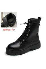 Round Toe Lace Up PU Leather Ankle Boots - Objet D'Art
