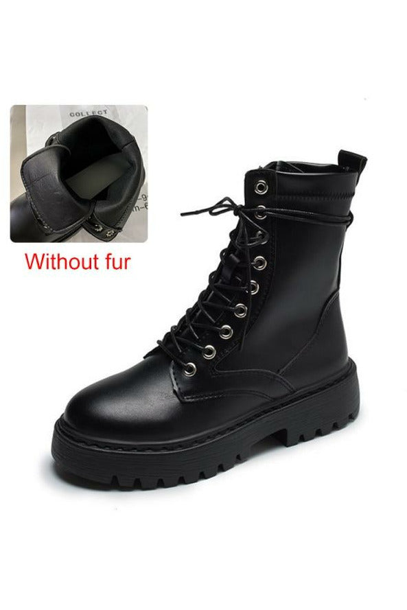 Round Toe Lace Up PU Leather Ankle Boots - Objet D'Art