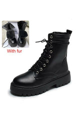 Round Toe Lace Up PU Leather Ankle Boots - Objet D'Art