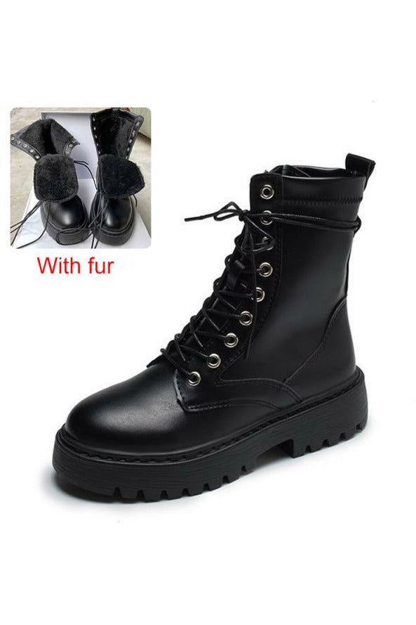 Round Toe Lace Up PU Leather Ankle Boots - Objet D'Art