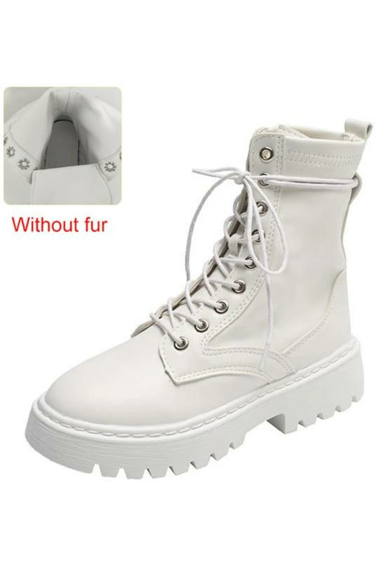 Round Toe Lace Up PU Leather Ankle Boots - Objet D'Art