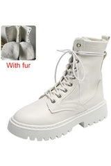 Round Toe Lace Up PU Leather Ankle Boots - Objet D'Art