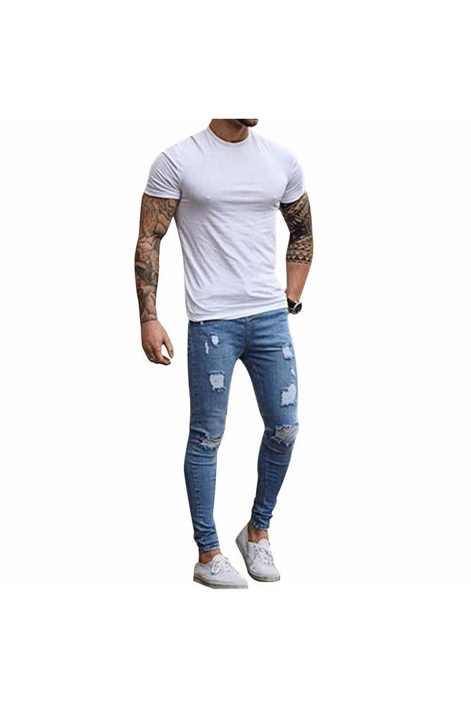 Fashion Destroyed Torn Pants Men's Pant Zipper Skinny Jeans (Blue) - Objet D'Art Online Retail Store
