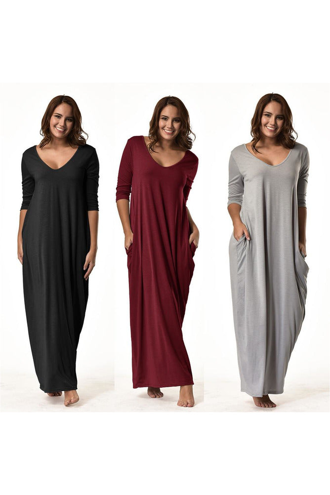 Fashion Women Plus Size Dress 3/4 Sleeve V-Neck Casual Long Loose Party Dress - Objet D'Art Online Retail Store