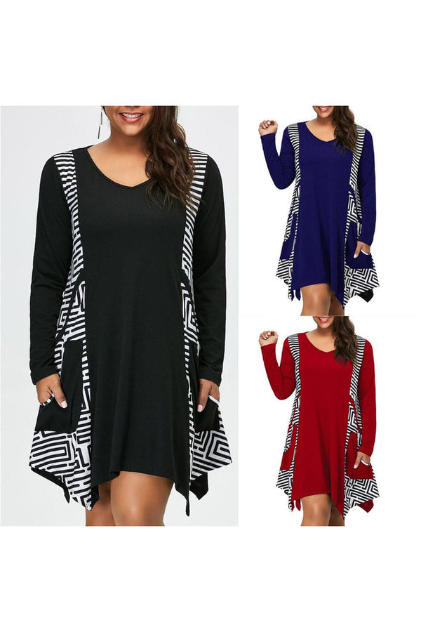 Fashion Womens Plus Size V-Neck Long Sleeve Asymmetrical Mini Dress Pockets - Objet D'Art Online Retail Store