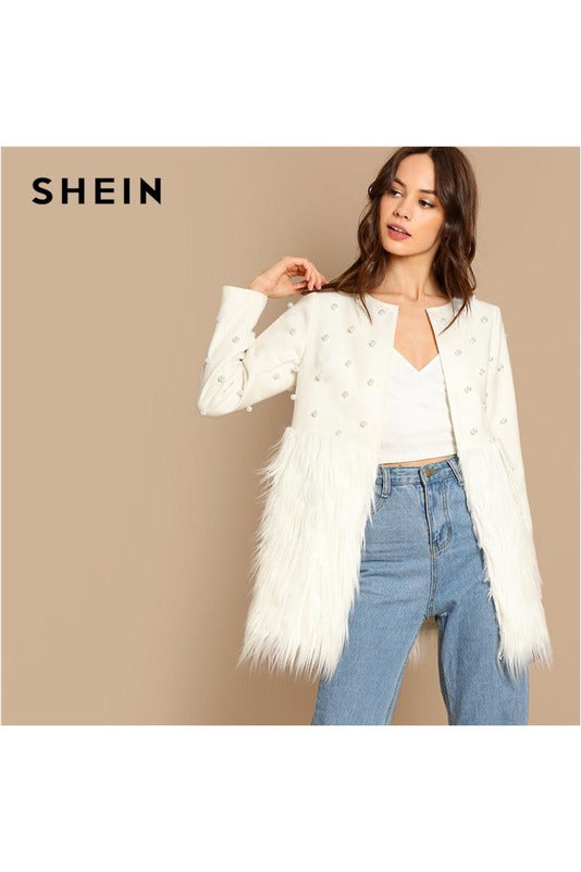 White Office Lady Solid Pearl Embellished Faux Fur Round Neck Jacket - Objet D'Art