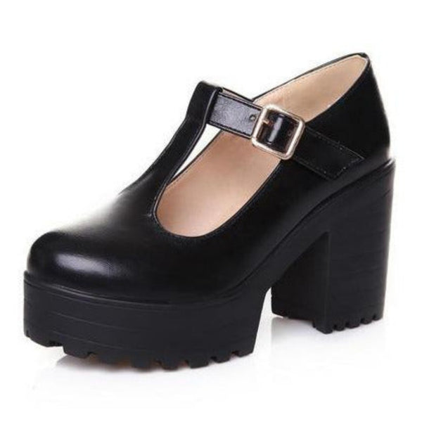 Buckle Strap Solid Mary Jane Platform Shoes - Objet D'Art