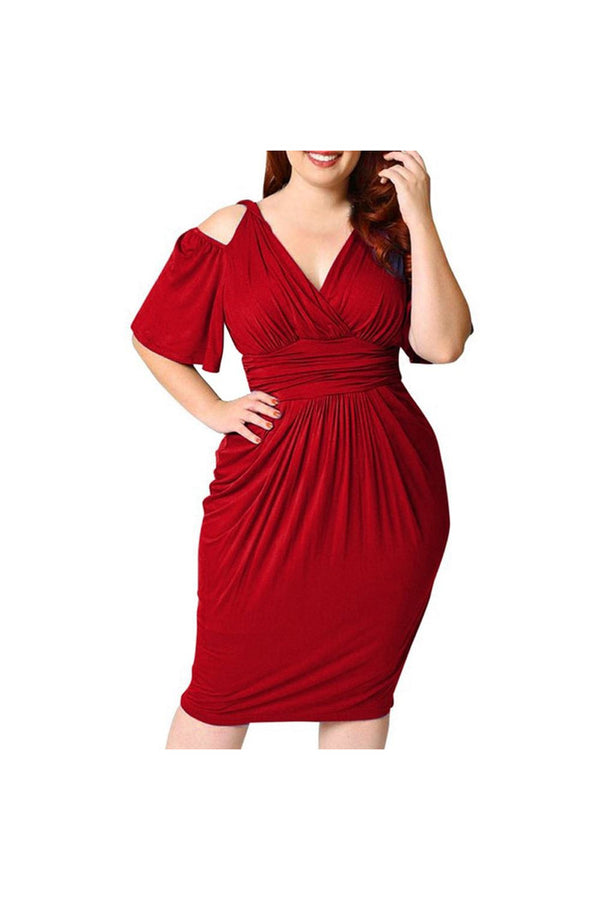 FASHION WOMENS PLUS SIZE V-NECK STRAPLESS SEXY SOLID CASUAL SHORT SLEEVE DRESS - Objet D'Art