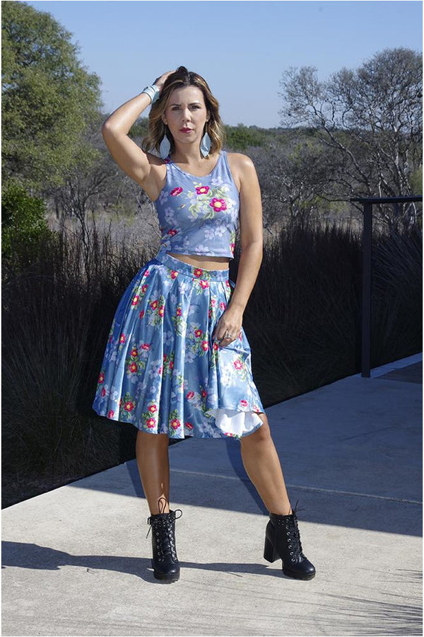 Floral Gray Melete Pleated Midi Skirt - Objet D'Art