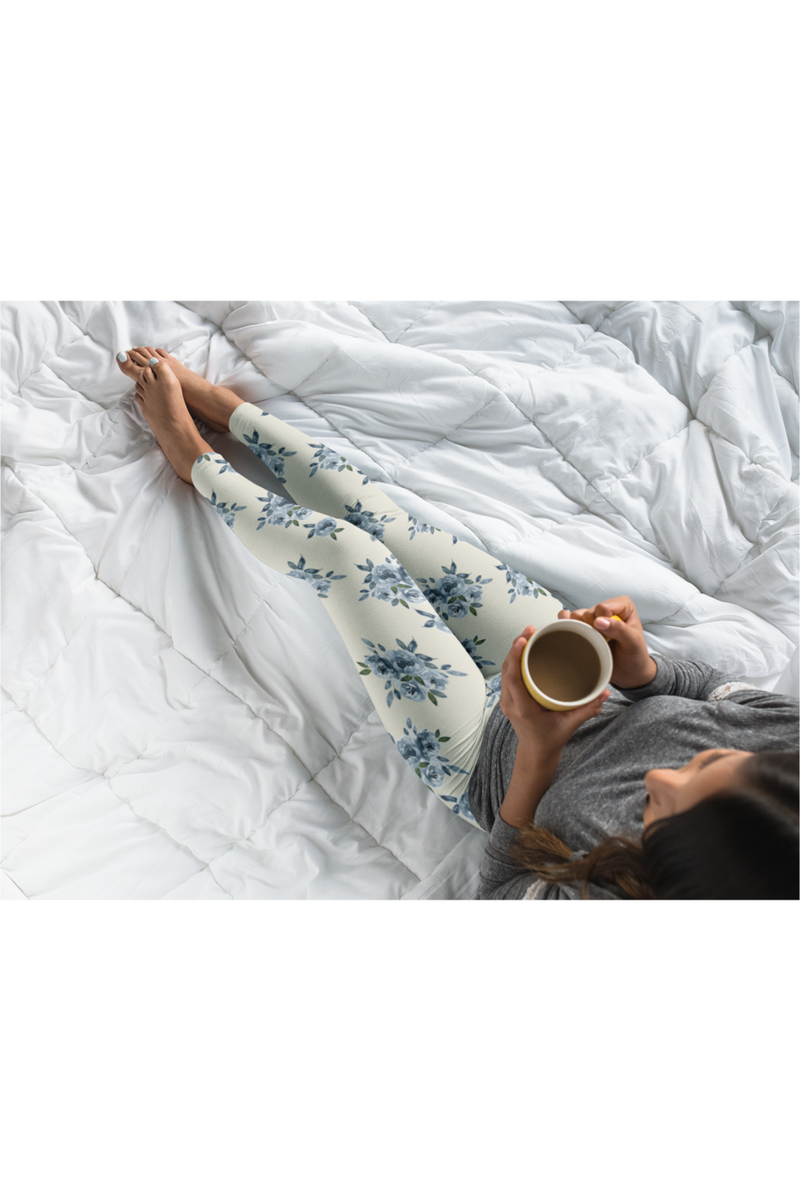 Blue Floral on Sweet Corn Premium Leggings - Objet D'Art