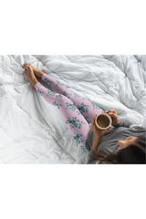 Blue Floral On Pressed Rose Premium Leggings - Objet D'Art